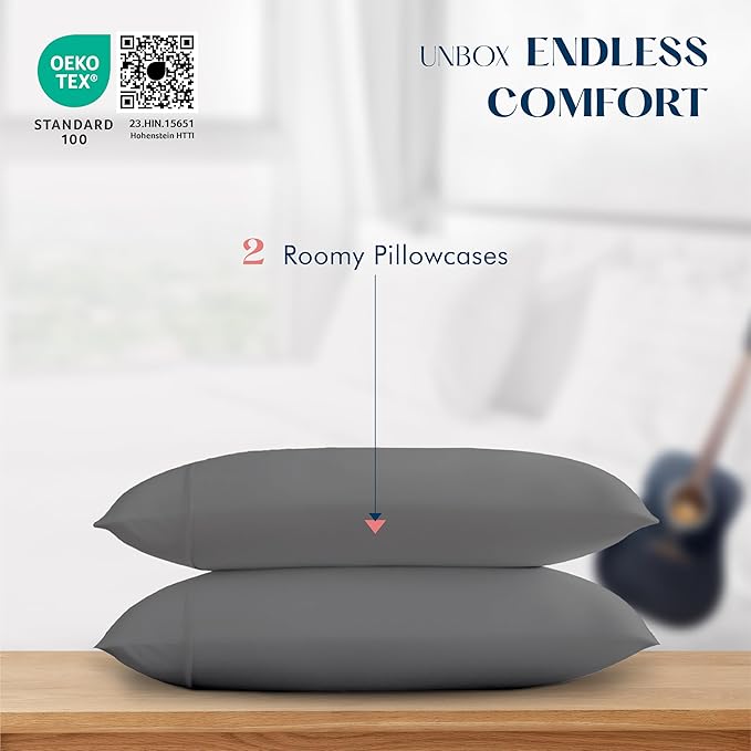 XOOX Linen 100% Cotton Pillowcases Standard/Queen Size Set of 2-500 Thread Count Cotton Pillowcases, Soft Cooling Pillow Cases for Sleeping, Pillow Covers for Standard/Queen Pillows - Dark Grey