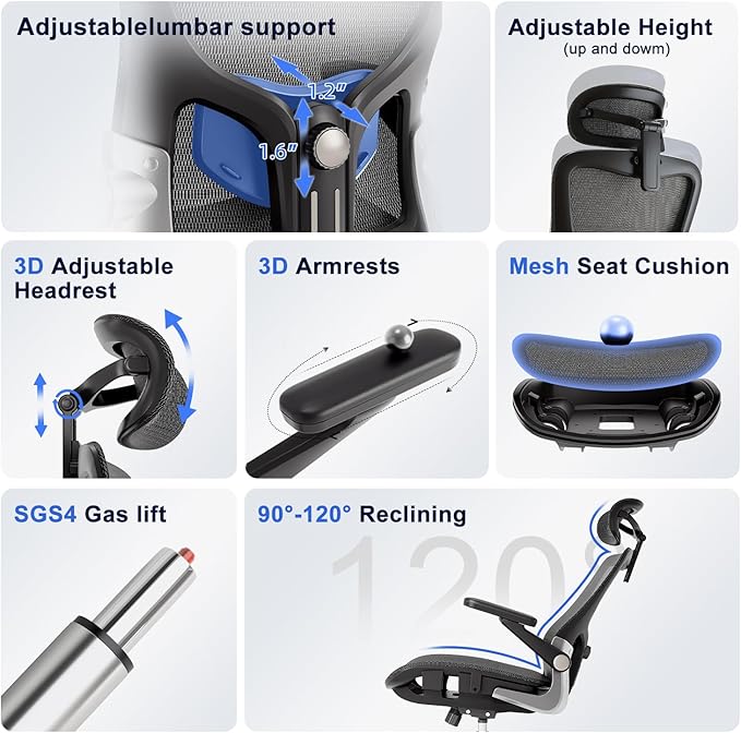 Ergonomic Office Chair，Mesh Seat Cushion with 3D Armrests and 3D Headrest, Adjustable Lumbar Support with Rocking Function, SGS Class 4 Gas Clylinder，Black
