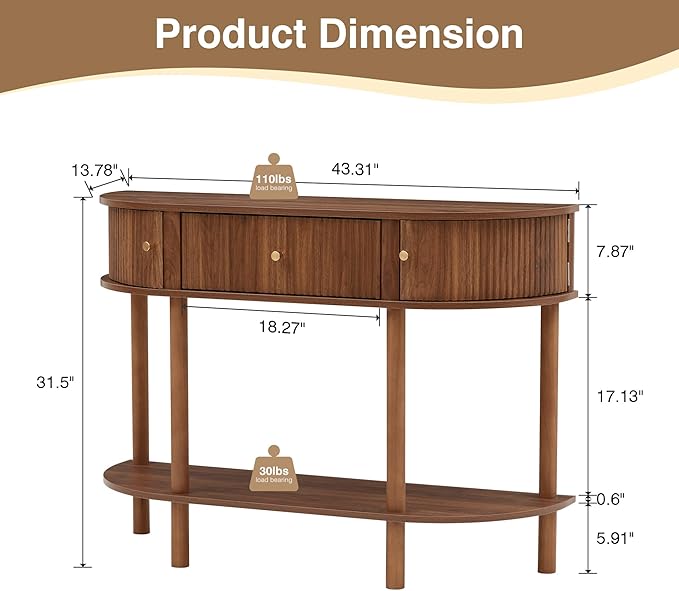 43.3“ Fluted Half Moon Console Table, Modern Entryway Console Sofa Table with Storage, Narrow Wood Accent Tables Behind Couch Tables for Living Room, Hallway, Foyer(Walnut)
