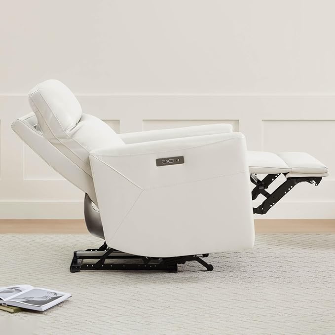 CHITA Genuine Leather Power Recliner Chair for Adults, Electric Wall Hugger Recliner for Small Spaces, Modern Living Room and RV Recliner Chair with Power Headrest & Charging Ports, Light Grey