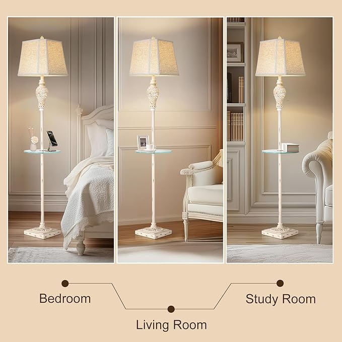 Vintage Floor Lamp with Nightlight and Glass Tray, Farmhouse Standing Lamp with White Washed Finish and Linen Shade, 65" Rustic Tall Lamp Decor for Living Room, Bedroom, Office, House (Bulb Included)