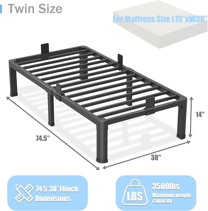 14 inch Twin Bed Frame with Round Corner Legs Mattress Slide Stopper,3500 lbs Heavy Duty Metal Platform,No Box Spring Needed,Steel Slat Support,Easy Assembly,Noise Free