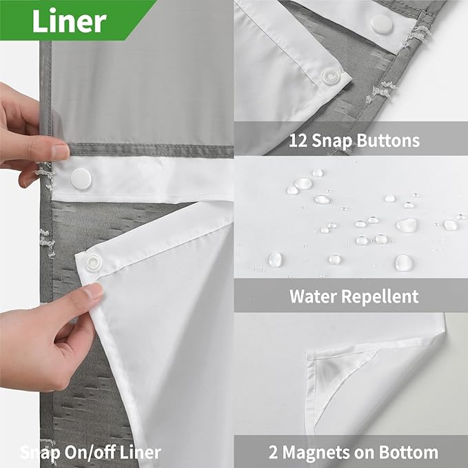 Grey No Hook Shower Curtain with Snap-in Liner Set,Boho Modern Farmhouse White Tufted Chevron Striped Design,Woven Fabric Bathroom Curtain,71x74