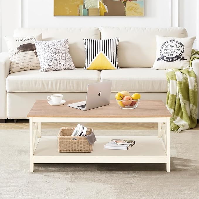 ALPHA HOME Coffee Table with Storage, Farmhouse Coffee Tables for Living Room 2-Tier Modern Coffee Table, Ivory