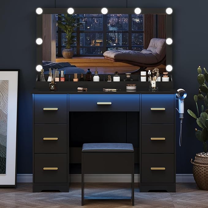 Vanity Desk with 38" Large Mirror and 9 LED Lights & Glass Top and Power Outlet, Adults Makeup Vanity with Chair and 7 Storage Drawers, Dressing Table Set for Bedroom, Modern Black