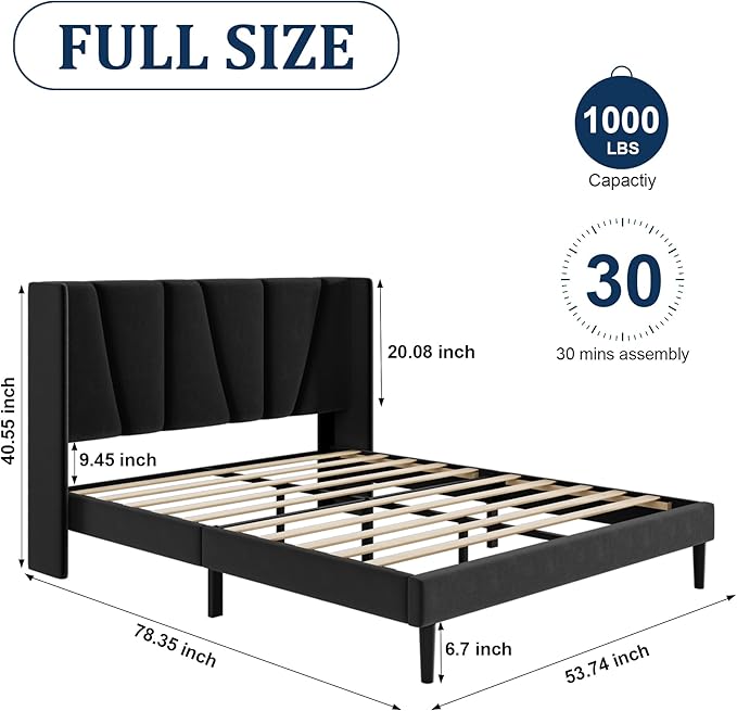 Full Bed Frame with Headboard and Wingback, Velvet Upholstered Platform Bed, Mattress Foundation with Wooden Slat Support, No Box Spring Needed, Easy Assembly, Noise Free, Black