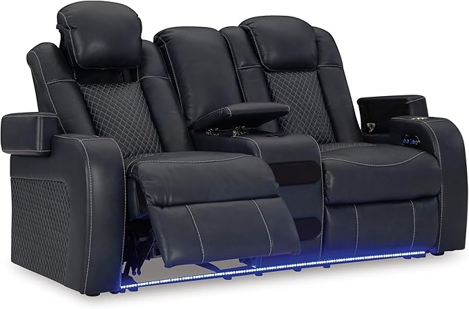 Signature Design by Ashley Fyne-Dyme Contemporary Power Reclining Loveseat with Console, USB Charging Ports and Adjustable Headrest, Blue