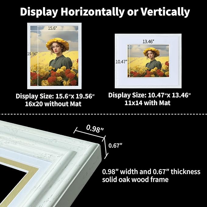 16x20 Picture Frame for Wall Hanging Solid Oak Wood, 11x14 Picture Frame with Mat,16x20 Premium Photo Frame with Real HD Tempered Glass,Ideal for Home Decor, Art Gallery,White, 1 Pack