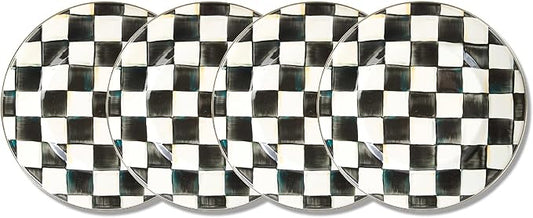 MACKENZIE-CHILDS Enamel Dinner Plate, Decorative Dinnerware Plate, 10 Inches, Set of 4, Black-and-White Courtly Check