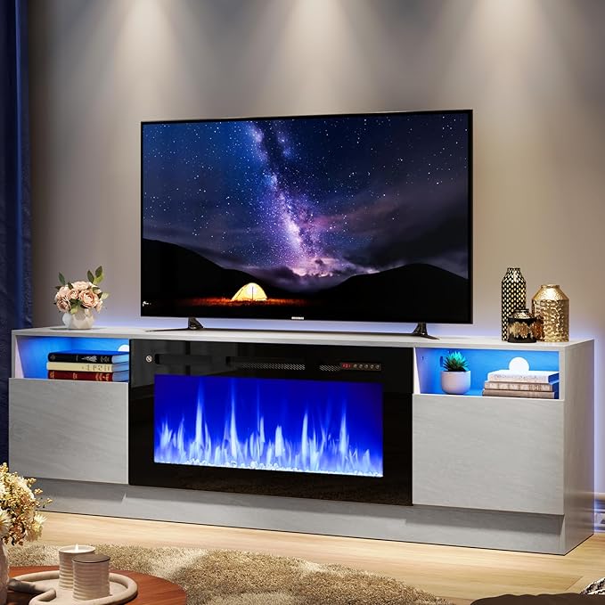 oneinmil 70” TV Stand with 36” Electric Fireplace, Large Modern Media Entertainment Center with Storage Cabinet and 12 Colors LED Lights for TVs Up to 80", Gray TV Stand and Black Fireplace