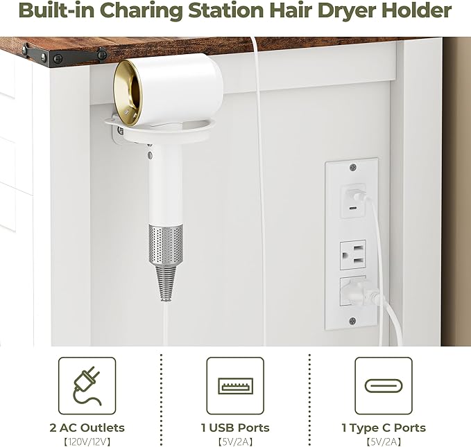IRONCK Farmhouse Vanity Desk with Sliding Mirror & Lights, Glass Top Makeup Vanity Table with Power Outlet, 3 Color Lighting Modes, 4 Drawers & Storage Cabinet, Includes Cushioned Stool for Bedroom