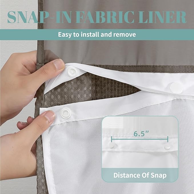 Brown No Hook Waffle Weave Shower Curtain with snap-in Liner Replacement, 230GSM Waterproof Fabric Hotel Shower Curtain Set for Bathroom, Through Mesh Top Window,54Wx80H