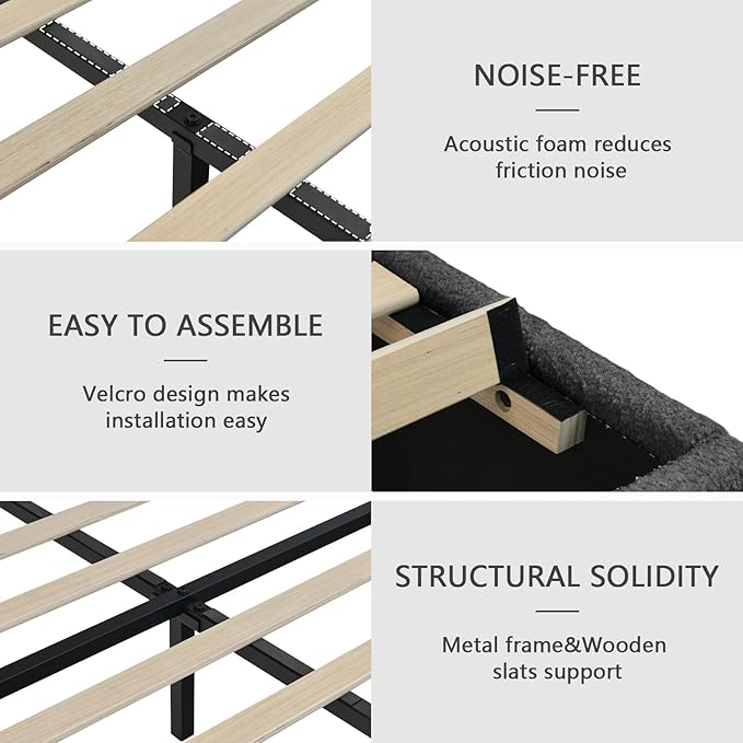 Full Bed Frames,Breathable Boucle Fabric Upholstered Bed Frame with Headboard,Removable and Washable,Wood Slat Support,No Box Spring Needed,Easy Assembly,Black