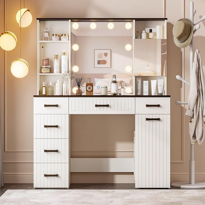 Makeup Vanity Desk with Adjustable Mirror & Rolling Cart, White Vanity Table with LED Light Bulbs, 3 Lighting Modes, Power Strip, Ambient Light & 6 Storage Drawers