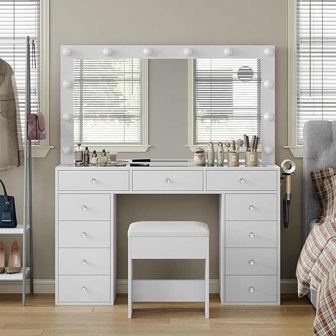 Vanity Desk with Mirror, Makeup Table with Power Outlet and 11 Lights, Set 3 Lighting Modes Brightness Adjustable, Vanity Table with 11 Drawers and Cushioned Stool for Bedroom, Dressing Room (White)