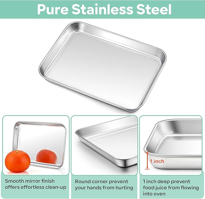 TeamFar Toaster Oven Pan with Cooling Rack Set, 10.5’’ x 8’’ x 1’’ Stainless Steel Compact Toaster Oven Small Baking Pan Tray with Mini Grid Rack, Non-Toxic & Heavy-Duty, Dishwasher & Oven Safe