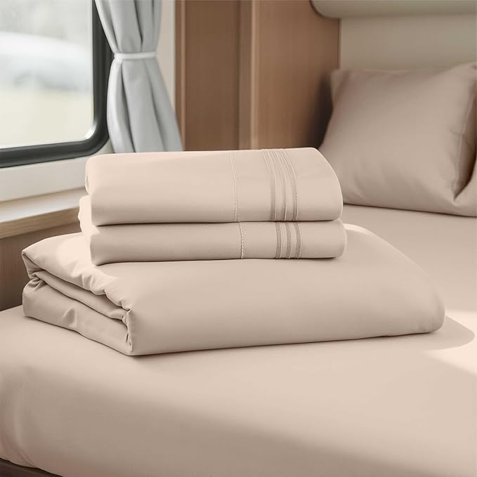 Clara Clark Bed Sheets, Premier 1800 Series 4 Piece RV Queen Sheet Set, Luxury Soft Sheets for RV Bunks, Short Queen - Beige Cream