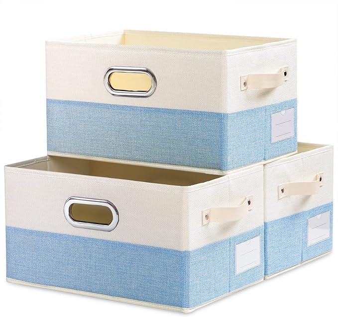 PRANDOM Large Fodable Storage Baskets for Closet [3-Pack] Decorative Fabric Storage Bins Cubes with Leather/Metal Handles for Shelves Bedroom Living Room Blue&Cream (14.9x9.8x8.3 Inch)