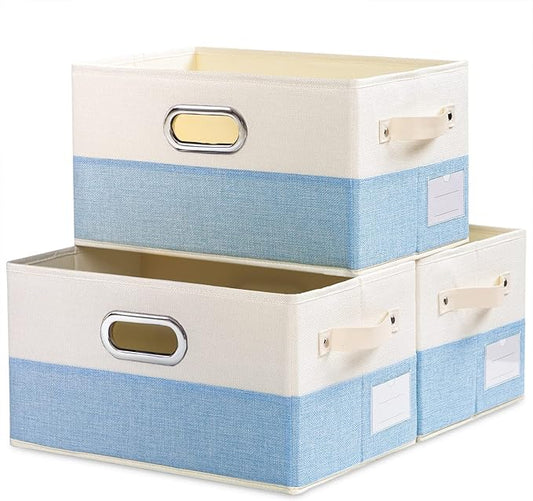 PRANDOM Large Fodable Storage Baskets for Closet [3-Pack] Decorative Fabric Storage Bins Cubes with Leather/Metal Handles for Shelves Bedroom Living Room Blue&Cream (14.9x9.8x8.3 Inch)