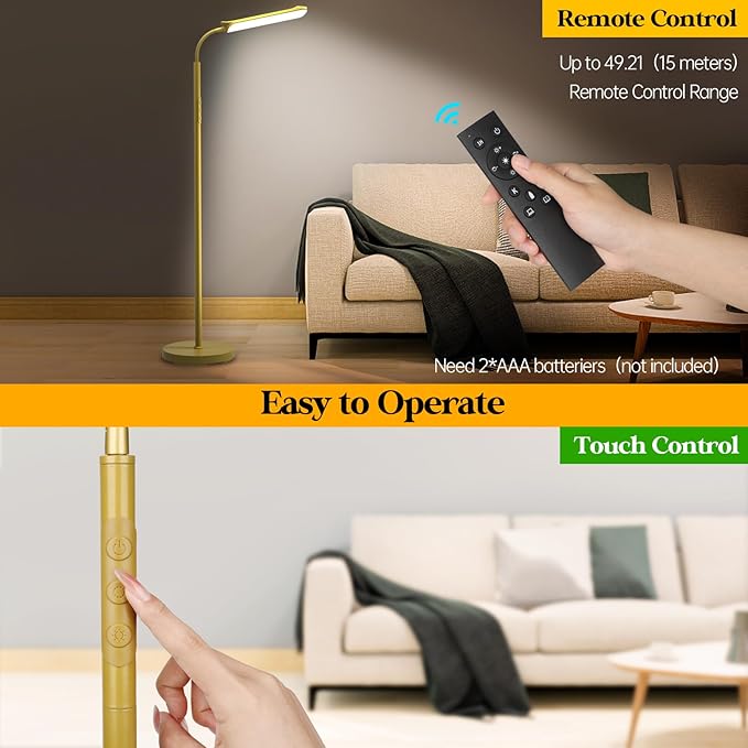 LED Floor Lamp, 18W Super Bright Floor Lamp for Living Room, Adjustable Stepless Colors & Brightness Gooseneck Standing Lamp, Eye Caring Reading Light with Remote& Touch Control for Bedroom Office