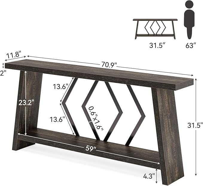 LITTLE TREE 70.9-Inch Console Table, Long Sofa Table Behind Couch, Farmhouse Console with Shelf for Entryway, Living Room, Hallway, Dark Grey