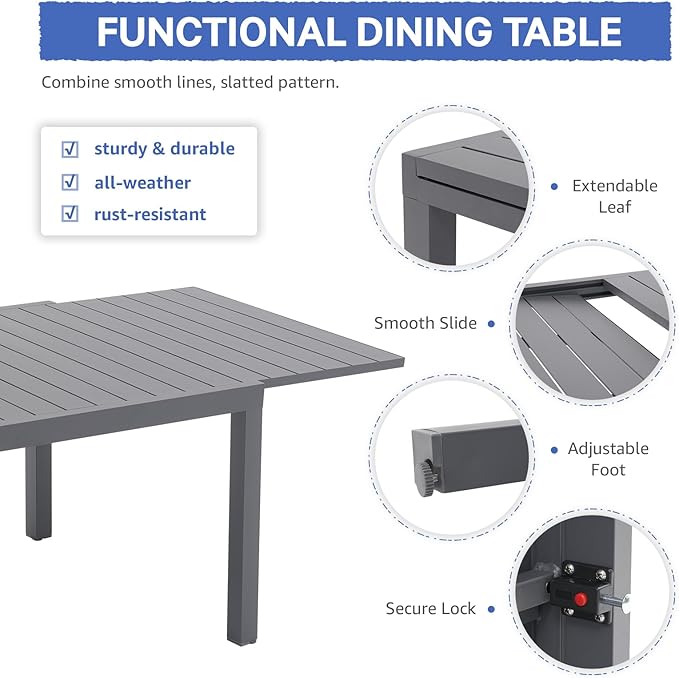 SUNSITT 9-Piece Outdoor Patio Dining Set, 63" - 105" Aluminum Expandable Outdoor Dining Table Set for 8, 8 Curved Armrest Chairs with Dark-Gray Removable Cushions