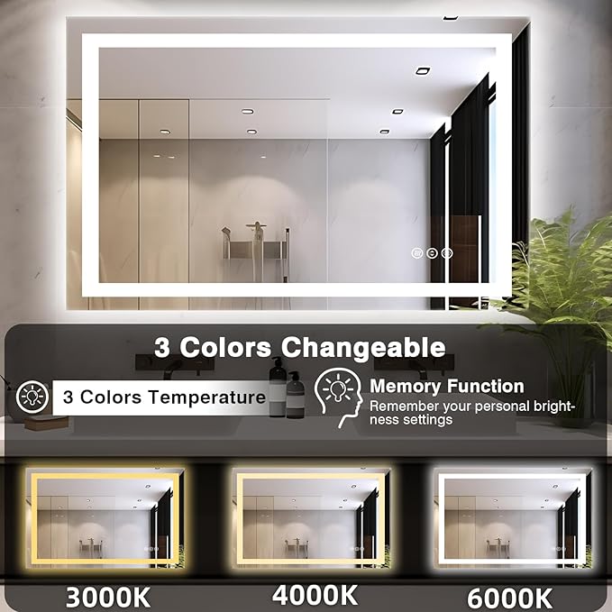 48"x32" LED Bathroom Mirrors for Wall, Front and Backlit Mirror, Anti-Fog Vanity Mirror with Lights, Stepless Dimmable Lighted Mirror, 3 Colors Smart Mirror (Horizontal/Vertical)