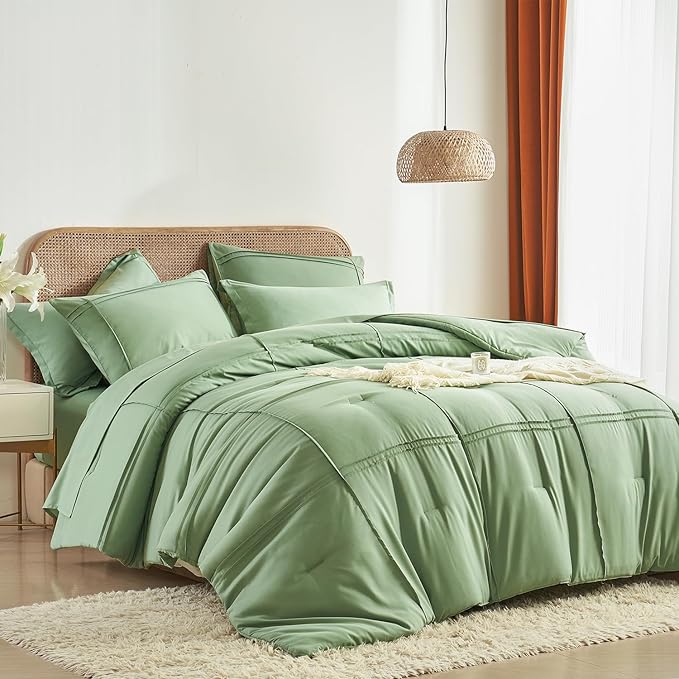Yogeneg Twin Comforter Set 5 Piece Bed in a Bag,Grid Pinch Pleat Sage Green Twin Bedding Set,Striped Textured Soft Microfiber Comforter with Sheet Set,All Season Complete Bed Set(Sage Green,Twin)