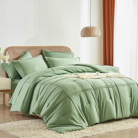 Yogeneg Twin Comforter Set 5 Piece Bed in a Bag,Grid Pinch Pleat Sage Green Twin Bedding Set,Striped Textured Soft Microfiber Comforter with Sheet Set,All Season Complete Bed Set(Sage Green,Twin)