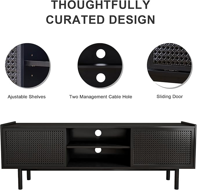 ORRD TV Stand for TVs Up to 70 Inch, Accent Iron Rattan Storage Cabinet Television Stands Entertainment Media Center Console Table with Sliding Barn Door and Adjustable Shelves for Living Room