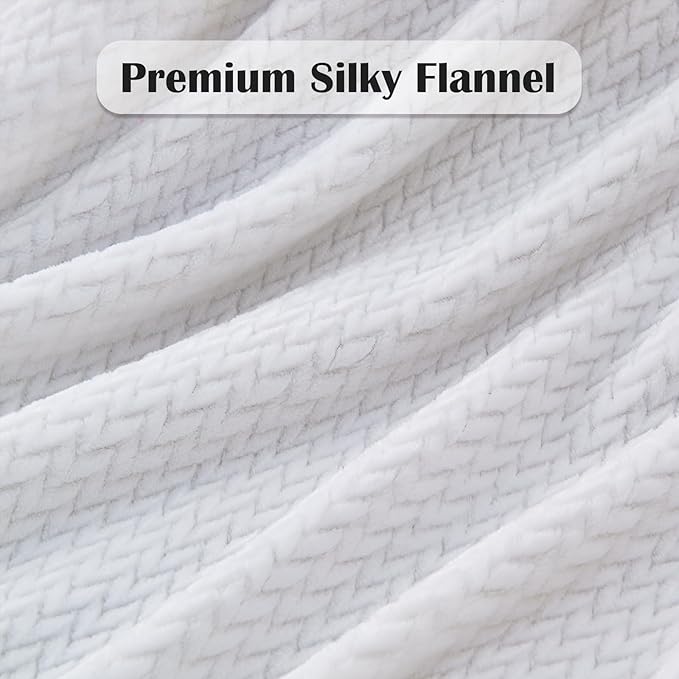 NEWCOSPLAY Super Soft King Blanket White Premium Silky Flannel Fleece Leaves Pattern Lightweight Bed Blanket All Season Use (White, King(90"x110"))