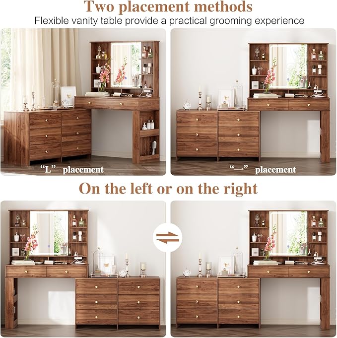 Large Makeup Vanity Desk with Mirror and Lights, Vanity Desk with 8 Drawers & Storage Shelves, Vanity Table with Power Outlet, 3 Color Modes & Adjustable Brightness Dressing Table, Bedroom,Walnut