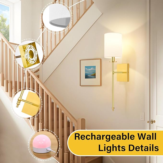 24.8 Inch Wall Sconces Battery Operated Set of 2, Rechargeable Wireless Wall Sconces Lights with Remote, Not Hardwired Dimmable Gold Wall Lamps with White Fabric Shade for Bedroom, 2 Bulbs Included