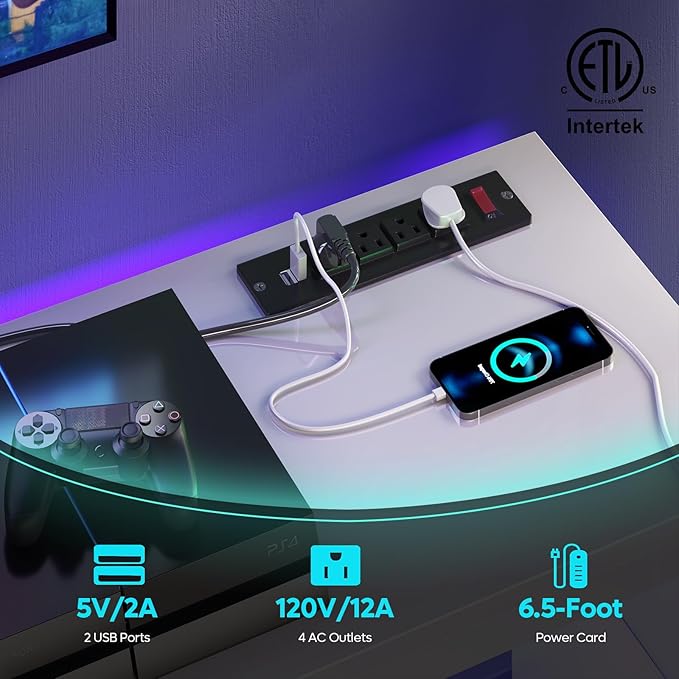 Bestier White TV Stands for Living Room, High Gloss Gaming TV Stand with Power Outlet, Modern Entertainment Center for Bedroom,LED TV Stand for 55/60/65 Inch TV, 55 Inch TV Console Table with Shelves