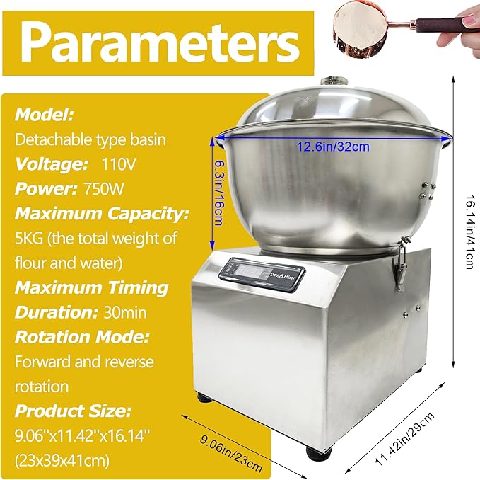 Stainless Steel Dough Mixer Machine Detachable Basin Type Food Mixing Machine 5KG Capacity 110V Bidirectional Rotation Flour Mixer with Timing Function Suitable for Household Commercial Use