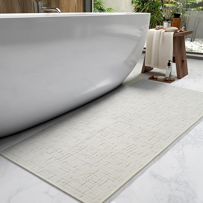 AMOAMI-Bath Mat-Absorbent Quick Dry Bathroom Floor Mats-Washable Rubber Backing Bath Mats for Bathroom Rugs Fit Under Door-Bath Rug for in Front of Sink Bathtub Shower Room, Cream 17''x59''
