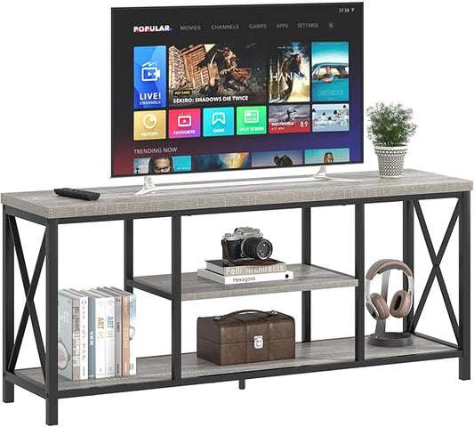 FOLUBAN Modern TV Stand for TV up to 65 Inch, Rustic Wood Entertainment Center with Storage Shelves, Industrial Media TV Console for Living Room, Farmhouse TV Table for Bedroom, 55 Inch Light Grey