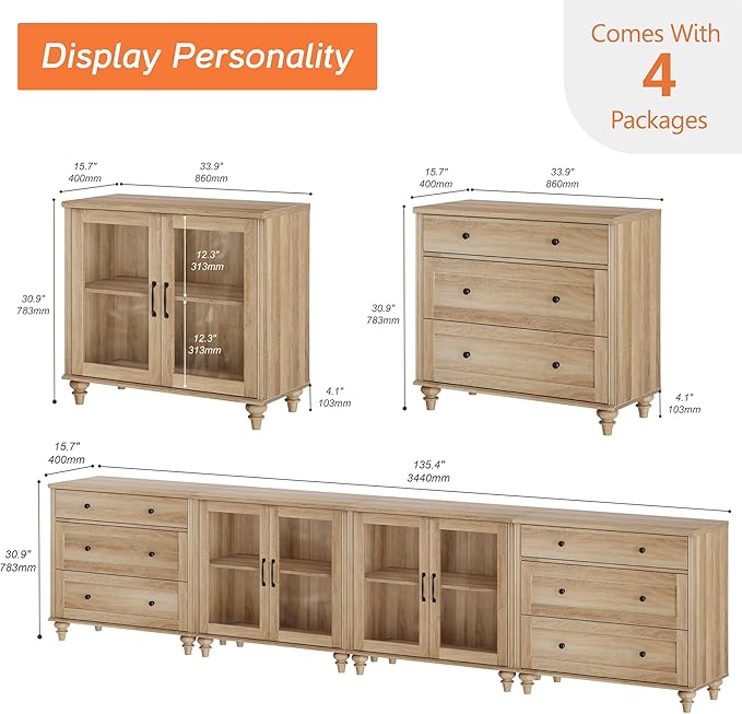 WAMPAT Modern TV Stand for TVs up to 110 inch, 4 in 1 Entertainment Center with Storage Cabinets and 4 Glass Door, Media Console with 6 Drawer Dresser for Living Room, Oak