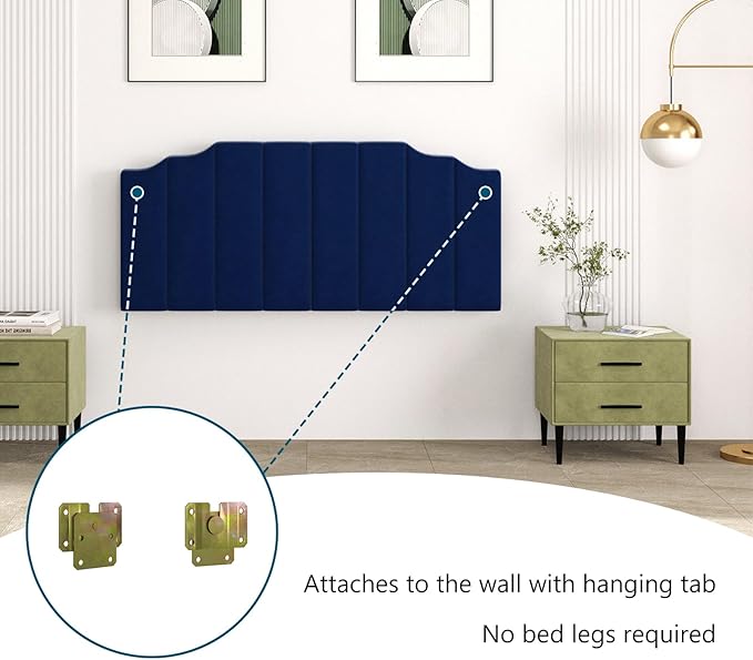 Queen Size Headboard Only, Velvet Wall Mounted Headboard Queen/Full Size for Adjustable Bed, Modern Vertical Channel Design with Curved Upholstered Head Board, Royal Blue