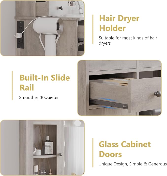 Makeup Vanity Desk with Mirror and Lights, Grey Vanity Table Set with Storage Drawers, Charging Station, Cabinets & Chair, Large Dressing Table with RGB Ambient Light for Women Girls Bedroom Bathroom