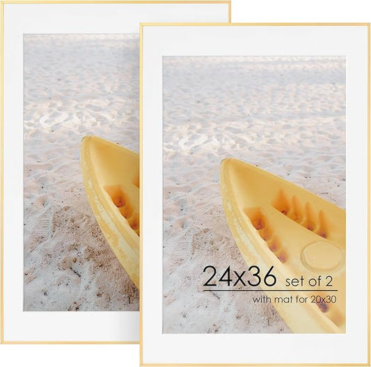 24x36 Metal Picture Frame For Wall With Mat For 20x30, 24''x36'' Aluminum Photo Frames With Tempered Glass For Home Decor, Minimalist Modern Poster Frame Horizontally Vertically Set of 2, Gold