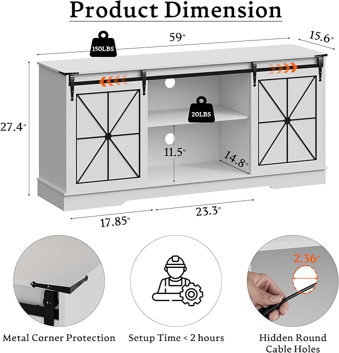 Farmhouse TV Stand for 55 60 65 Inch TV,Mid Century Modern TV Cabinet with Storage Sliding Barn Doors,Easy Assembly,Entertainment Center Console Table for Bedroom Living Room-White&Metal Black