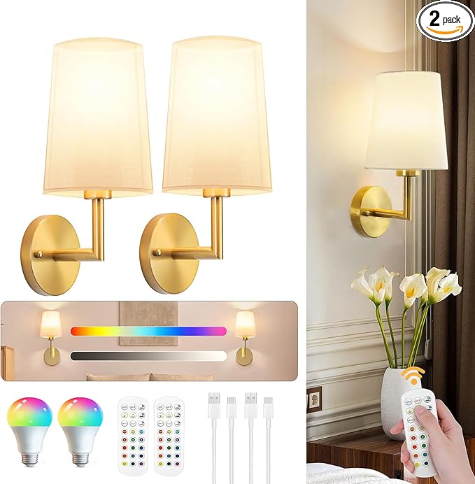 JKEYES Battery Operated Wall Sconce Set of 2, Gold Cordless Wall Lights with 5200mAh Dimmable Detachable Rechargeable Bulbs, 12 Colors Sconces Wall Decor for Bedroom Living Room Hallway