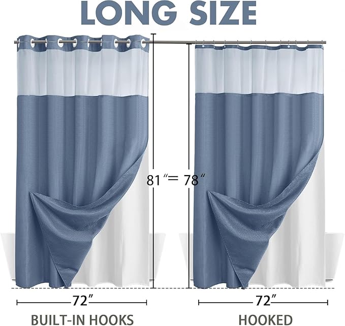 YellyHommy No Hook Shower Curtain with Snap in Liner Set Less Waffle Shower Curtain for Bathroom (Sky Blue, 81" L x 72" W)