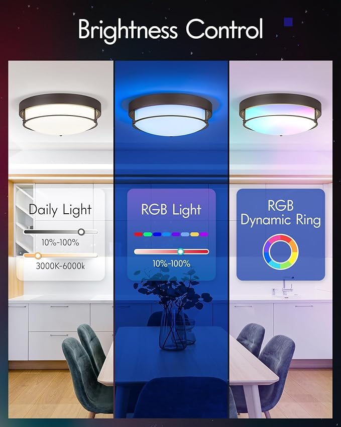 12-Inch RGB Flush Mount Ceiling Light with an Oil-Rubbed Bronze Finish, Ideal for Bathrooms, Bedrooms, Kitchens, and Hallways. Model:CKCL4822-2W-ORB-R