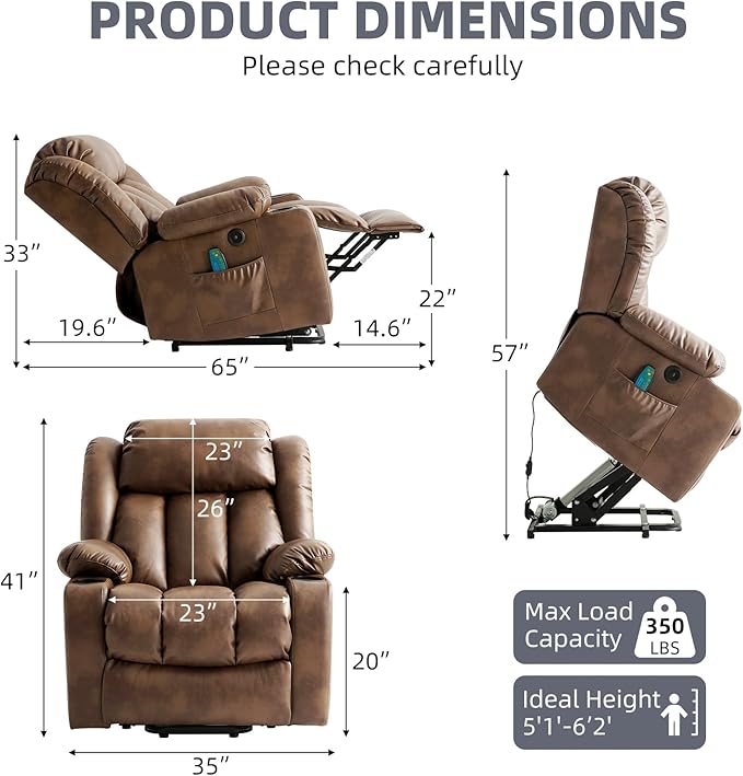 Power Lift Recliner Chair for Elderly, Electric Recliner Chairs for Adults with Massage and Heat, Cup Holders, Remote Control, USB Ports, Side Pockets, Leather (Ochre)