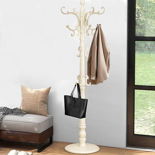 Coat Rack Freestanding, Wooden Coat Tree with Stable Round Base, Vintage Heavy Duty Coat Rack Stand with 14 Hooks, Coat Hanger Stand for Bedroom, Office, Entryway (Ivory)