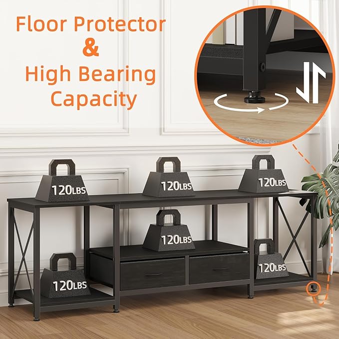 TV Stand with Fabric Drawer for 50 55 Inches TV - Entertainment Center and Industrial TV Console Table with Open Storage Shelves for Living Room, Bedroom - 47" Black