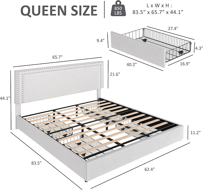 VECELO Queen Size Upholstered Platform Bed Frame with 4 Storage Drawers, Adjustable Velvet Rivet Decor Headboard, Wooden Slats Support, No Box Spring Needed, Easy Assembly