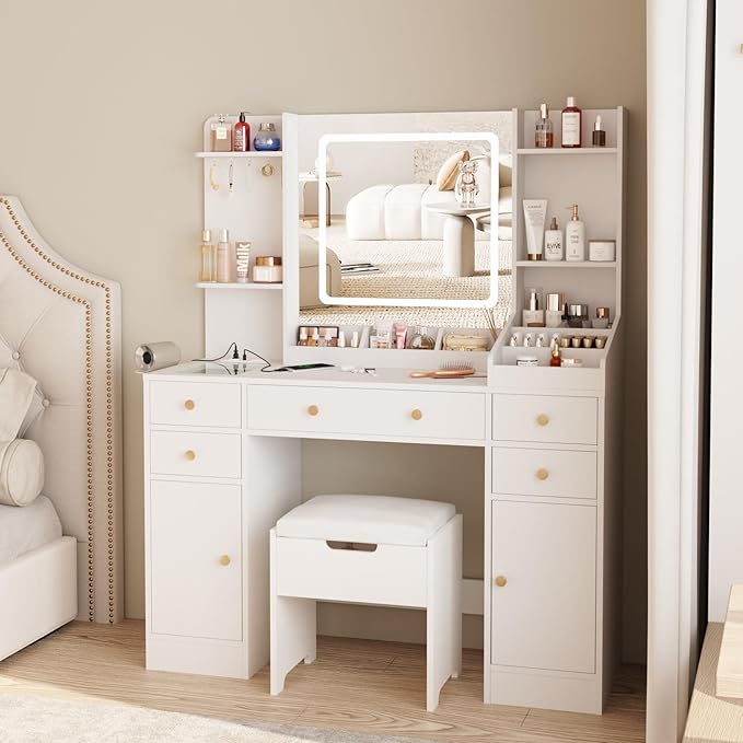 Vabches Vanity Desk with Mirror and Lights, 5 Drawers Makeup Vanity Table with Storage Chair, 44.9in Big Vanity Dresser 3 LED Lighting Modes,Power Outlet,Bedroom White